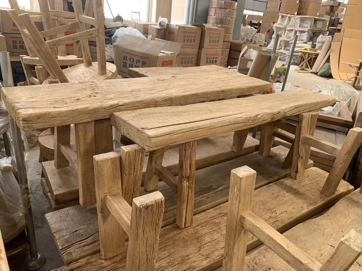 Chinese antique vintage rustic natural original recycled elm slab wood outdoor bench