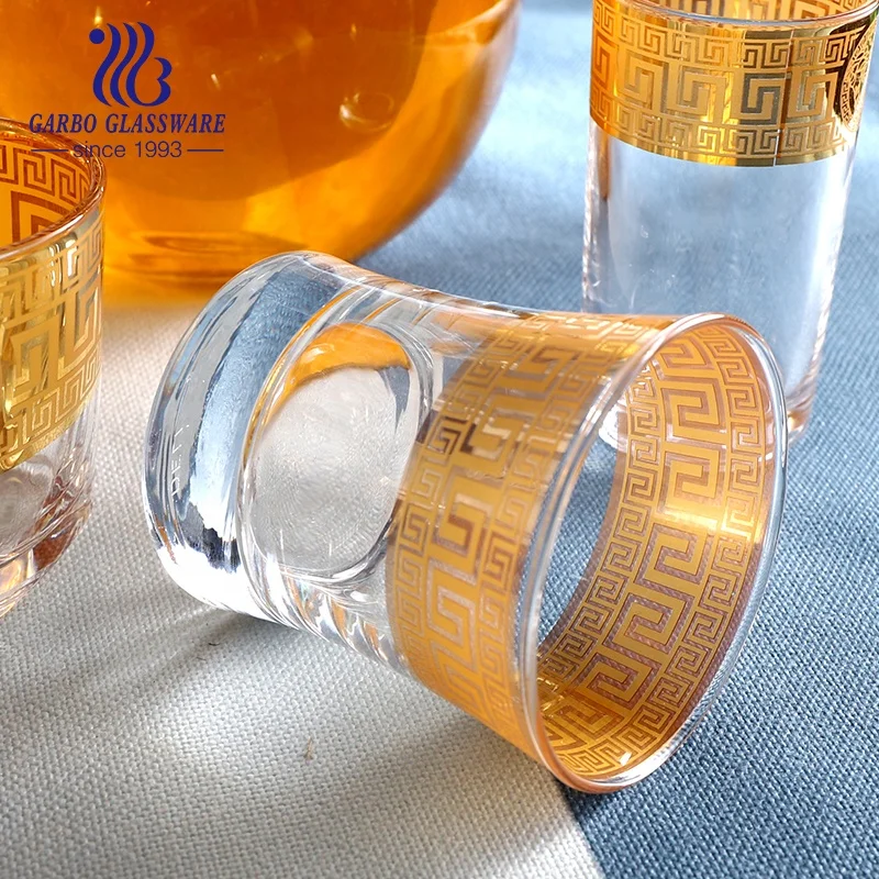 Golden rim glass pitcher and cups set for Arabic tea unfading ion electroplated color glass drinking jug and tumblers set of 7