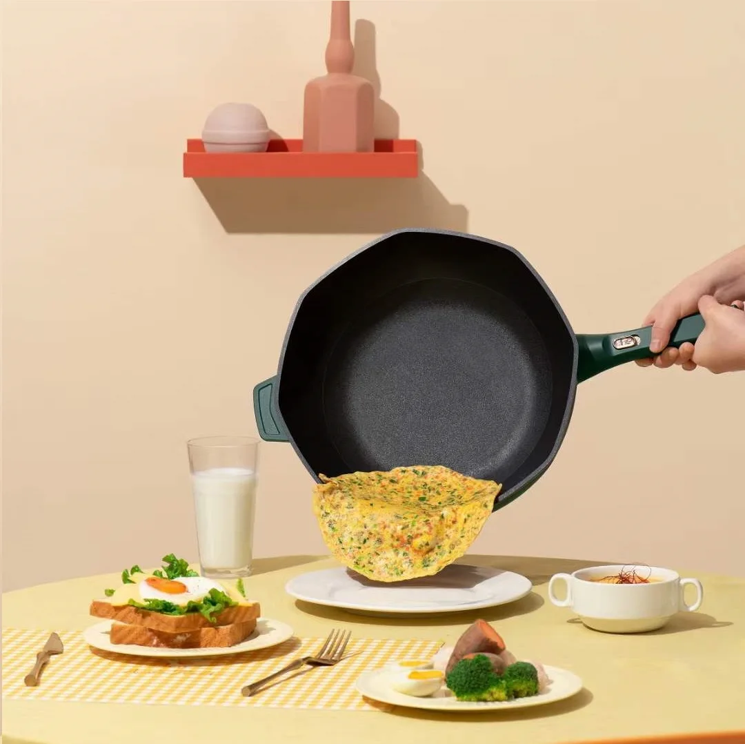 Nonstick Octagonal Wok 12.5 inch Die-cast Stir Fry Pans with Glass Lid 100% PFOA Free electric skillet with long handle