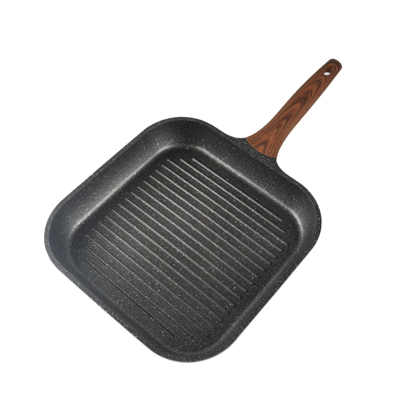 Wooden handle non stick skillets 28 cm square gas grill pan steak pan