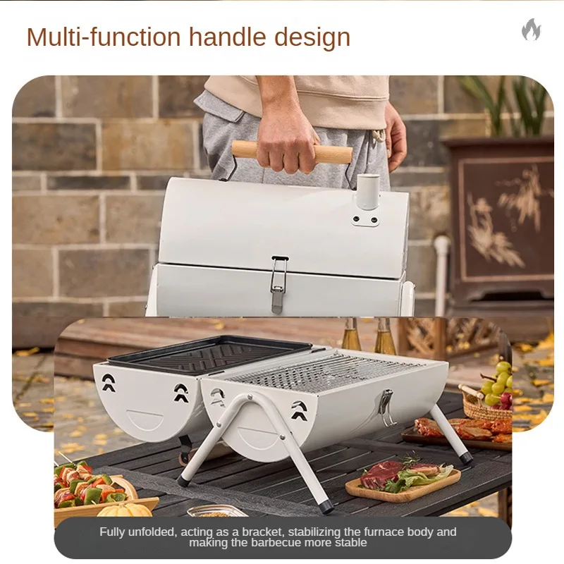 BBQ Grill Round Charcoal Stove Outdoor Bacon Portable 3 in 1 Barbecue Grills Double Deck Smoker Oven Camping Picnic Cooking Tool