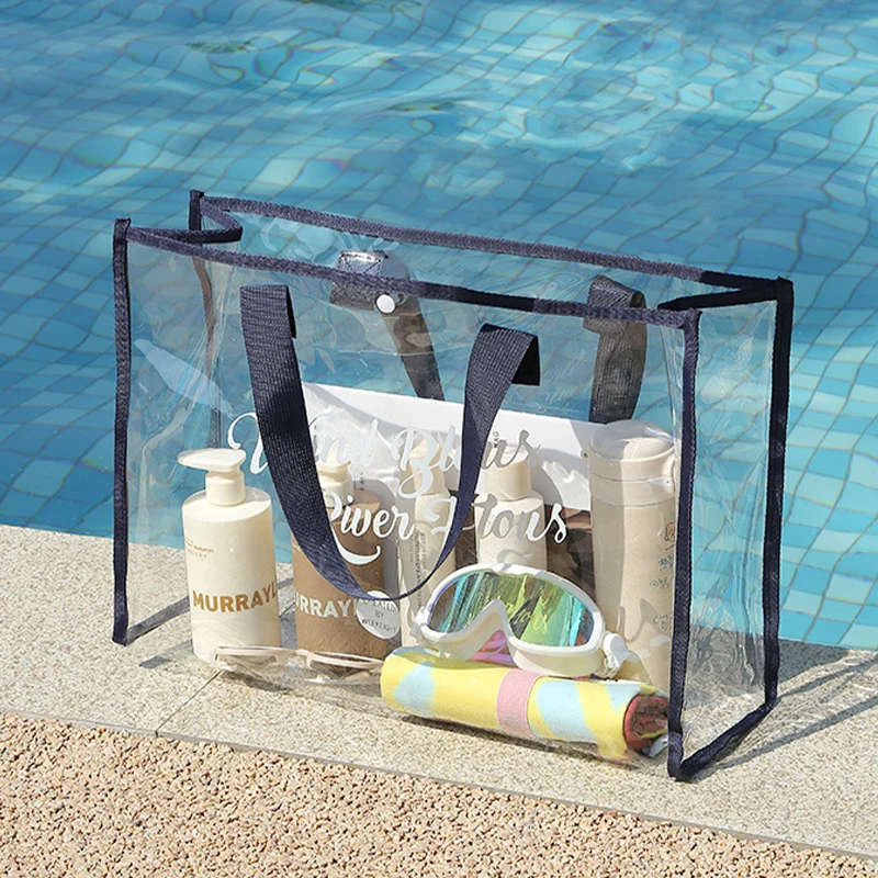 Custom Printed Logo Large Foldable Clear Tote Bag Transparent Pvc Tote Beach Bag for Travel Swimming and Grocery Shopping