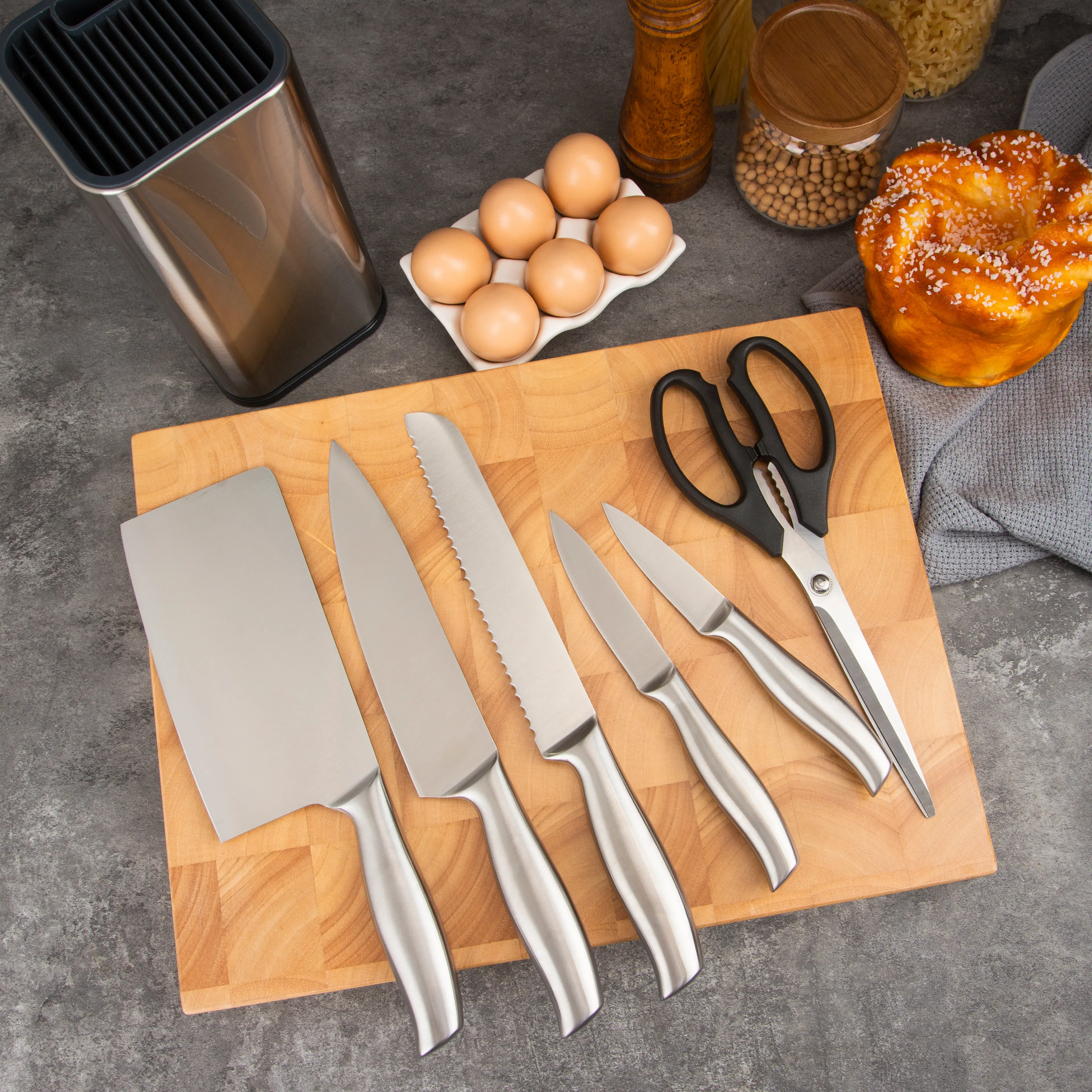 Custom Logo Stainless-Steel Rectangular Design Knife Block Set Scissors-Slot Counter-top Storage Universal Kitchen Knife Holder