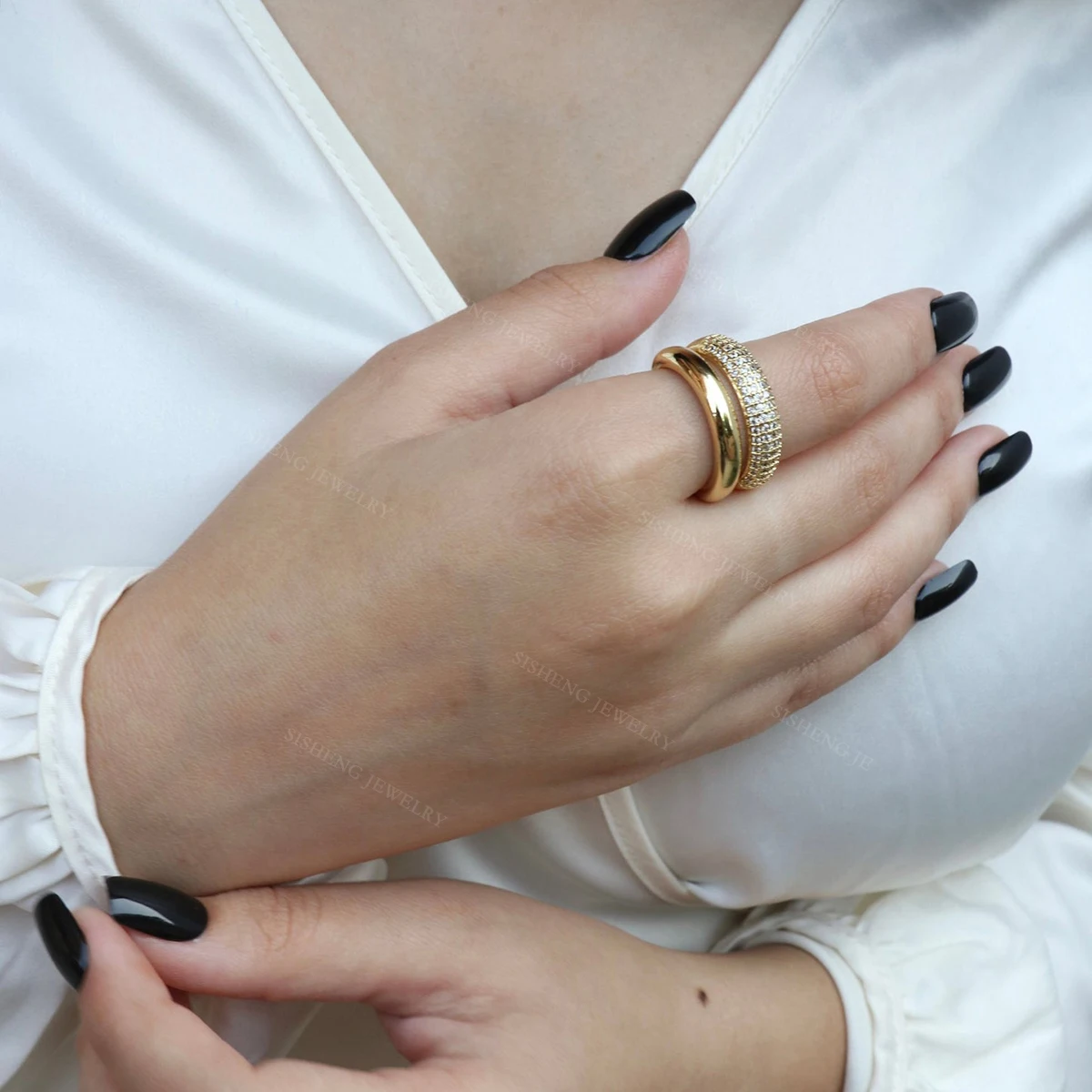 Open Cuff Double Raw Pave CZ Ring 925 Sterling Silver Women Gold Plated Jewelry Jewellery