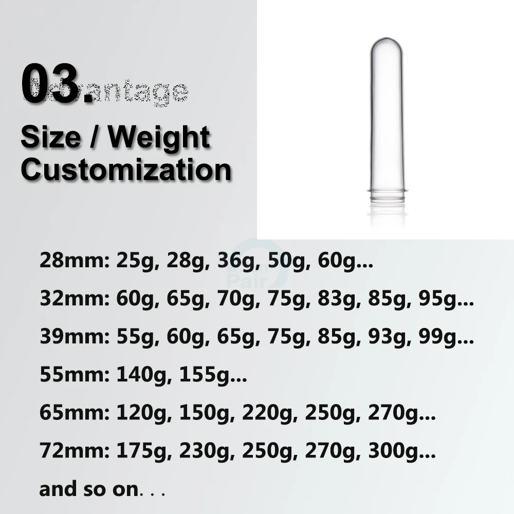 Free Sample 60g 65g 70g 75g 95g Pet Preform 32mm Neck Making Pet Preforms