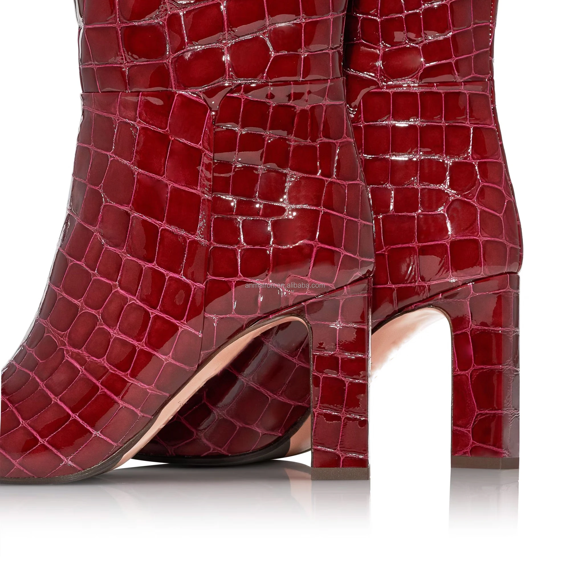 Anmairon new arrival red shiny PU knee high heel chunky heel women boots