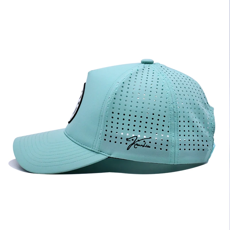 Custom Men 5 Panel Laser Cut Hole Perforated Gorras Baseball Cap,Rubber Logo Quick Dry Performance Waterproof UV Sport Hat
