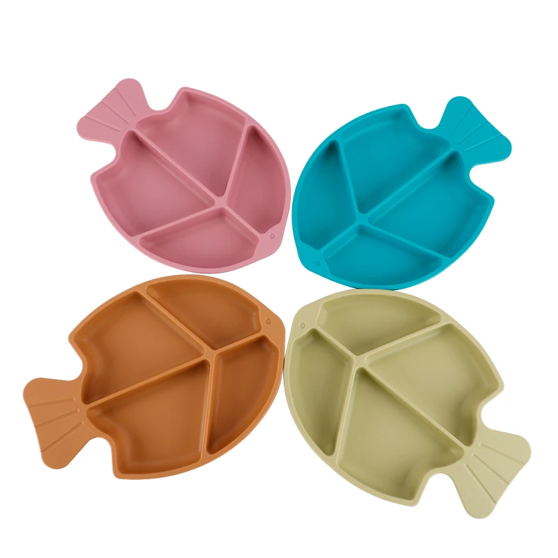 Leatchliving Multiple Colors Certified Silicone Baby Dividied Suction Fish Plate Kids feeding Plate