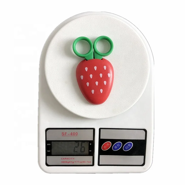 Strawberry shape children scissor with magnetic cover green color handle with magnet cover scissor for student scissors