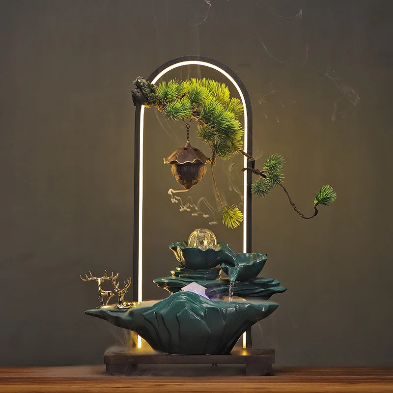 High Quality Mini Tabletop Ceramics Smoke Waterfall Water Fountain With Light Incense Burner for Home Decor