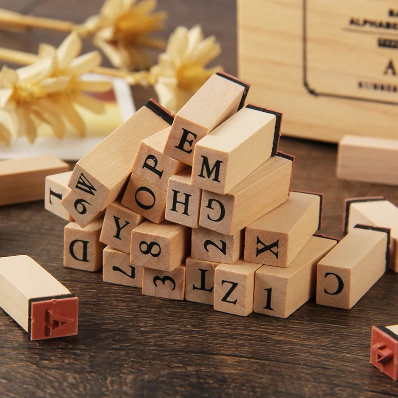 Creative Stationery Retro Alphabet English Number Letter Wooden Box DIY Decorative Stamp