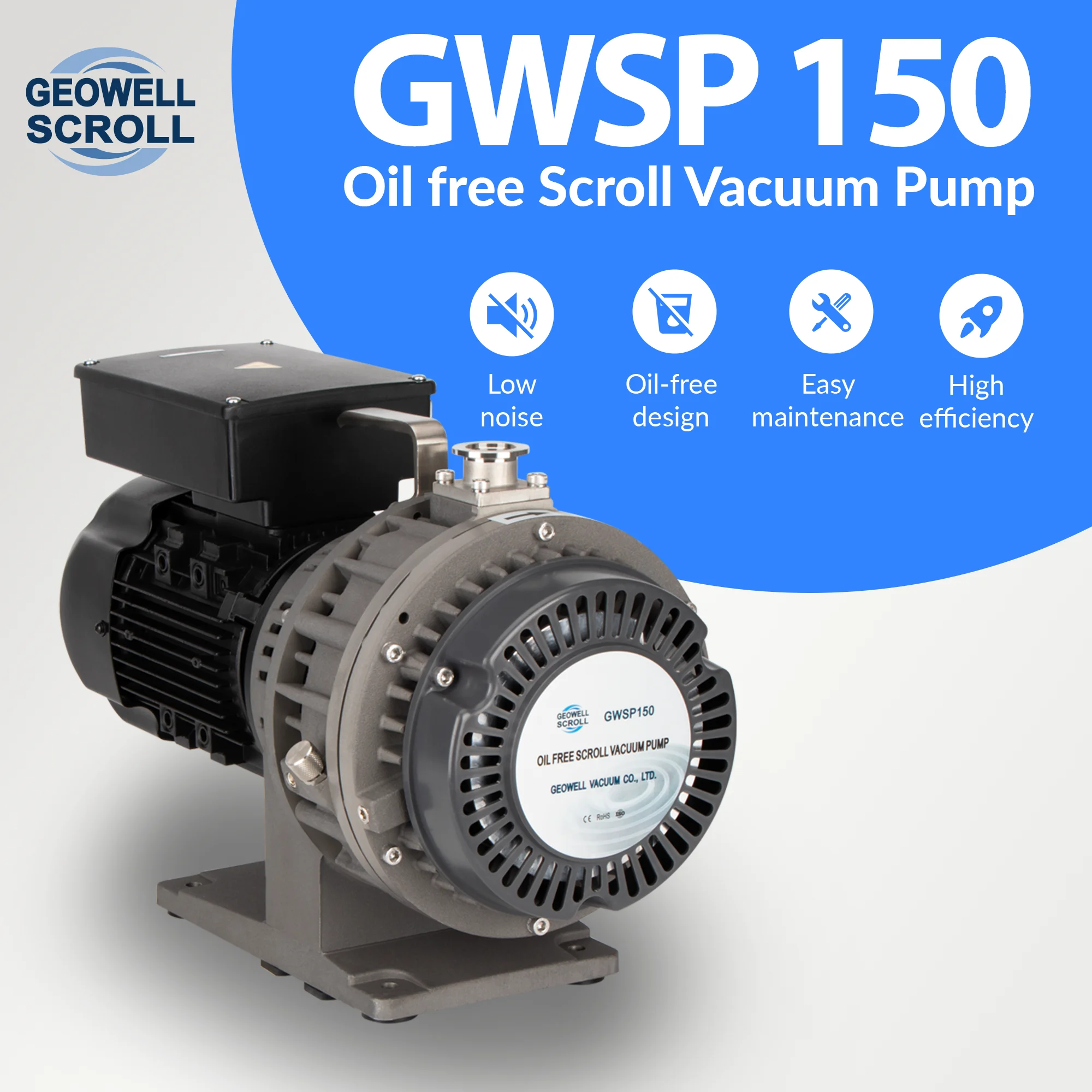 Source factory 5.1cfm(60Hz), 4.3cfm(50Hz) air cooling dry scroll vacuum pump, GWSP150 clean oil free vacuum pump