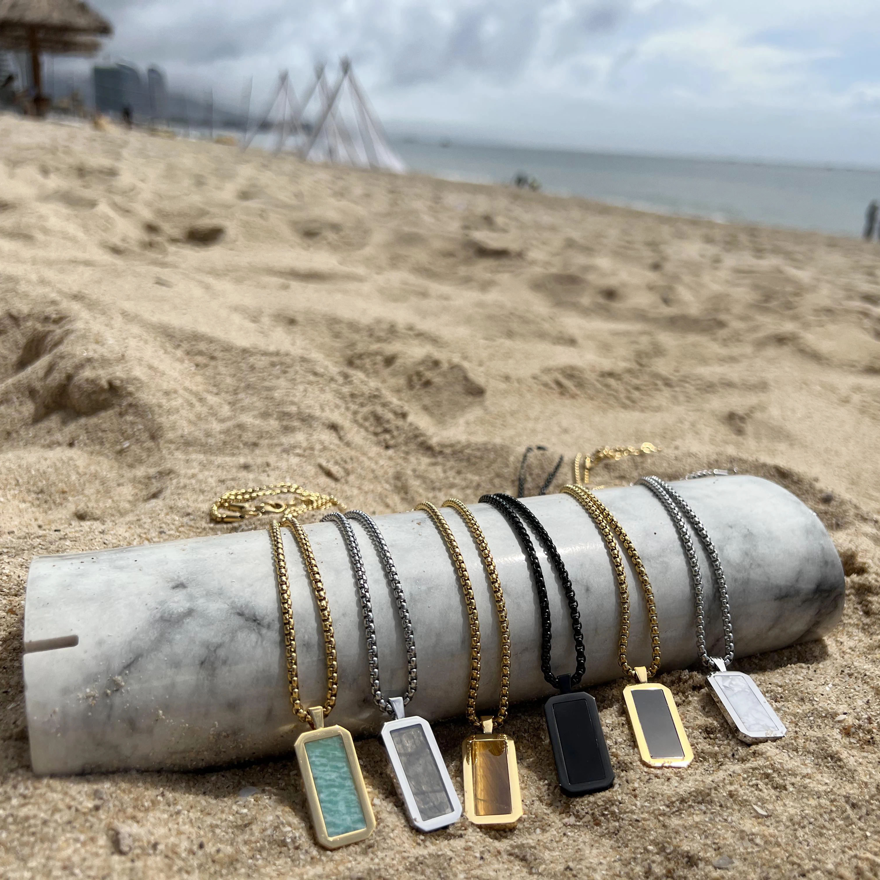 Personalized 18K Gold Plated Stainless Steel Necklace with Black Onyx Square Charm Pendant Necklace