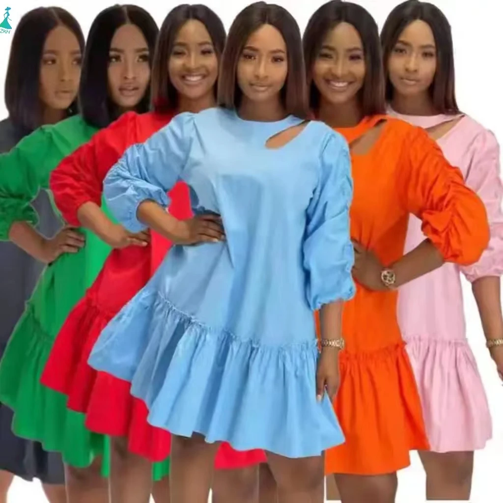 summer Fall 2022 women clothes ruffled pleated zipper solid color shirt T-shirt dress long-sleeved splicing casual dresses