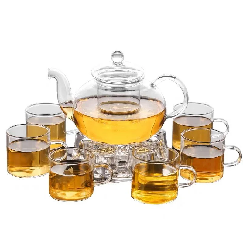 Eco-Friendly Safe Modern Borosilicate Transparent Clear Glass Tea Pot and Cup Set for Tea Serving