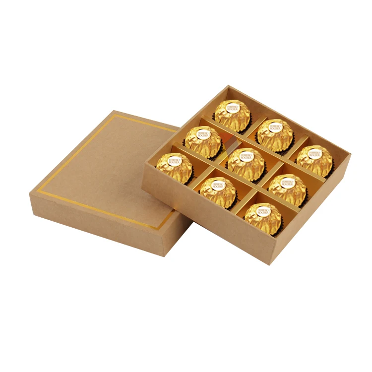 eco friendly food grade brown kraft paper gift candy packaging hard cover chocolate box with grid and divider