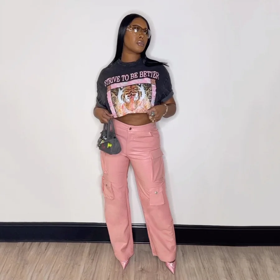 New Arrival Summer 2023 High Waist Fashion Y2K Pant Women Pink Black PU Leather Straight Cargo Pants