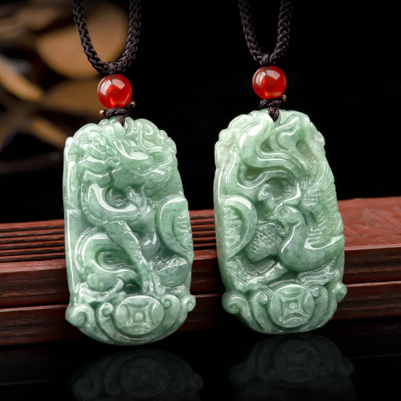 Jade Dragon Pendant Natural Myanmar Green Burmese Jade Dragon Jadeite Jewelry Making Pendant Chinese Classical Rope Necklace