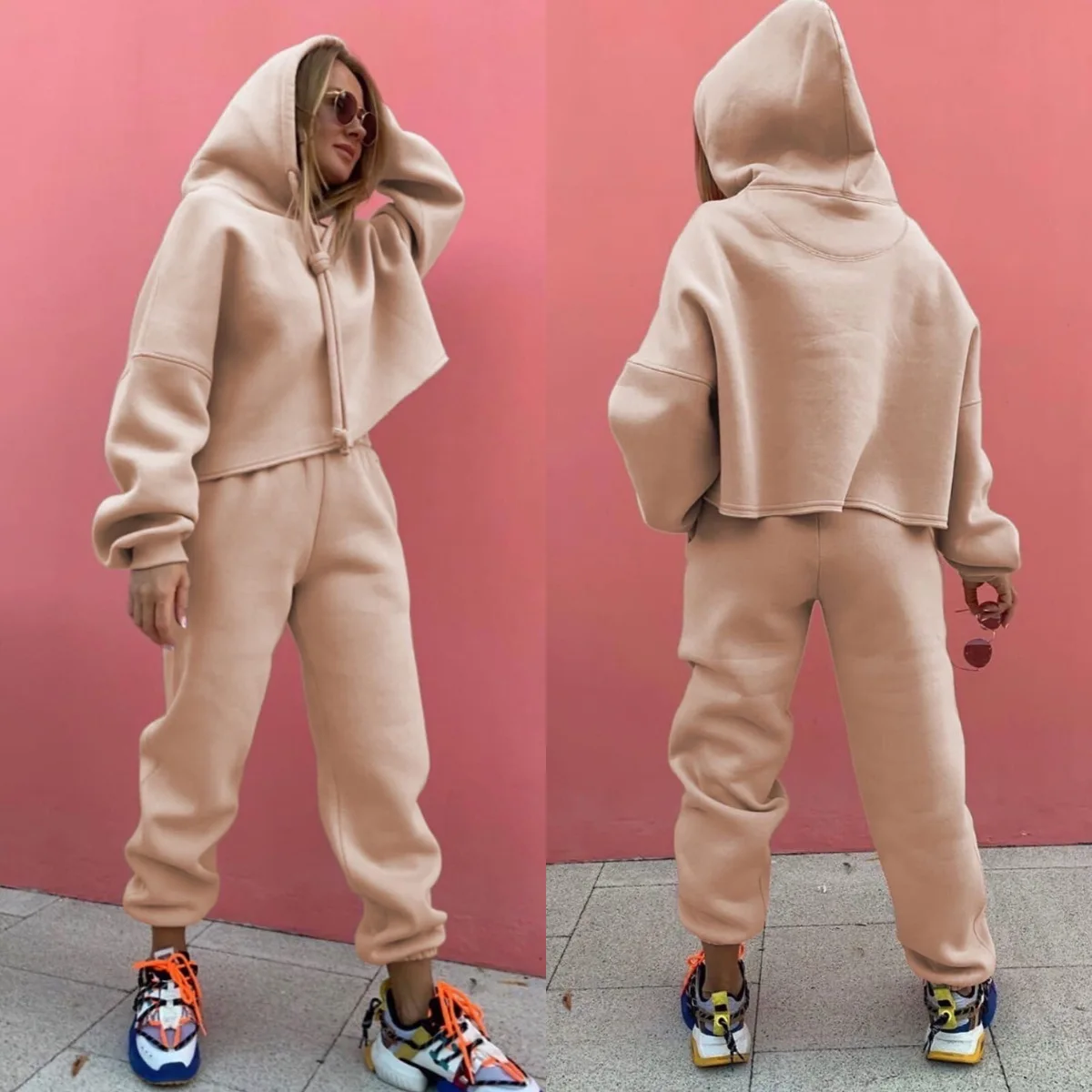 Women Top+Pant Suits Hoodies Pullover Sweatshirts with drawstring Jogger Sets Plus Size Casual Two Piece Sets Tracksuit
