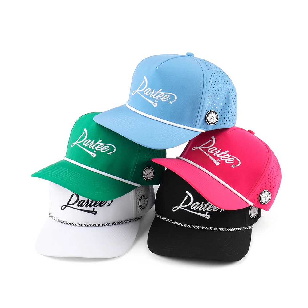Wholesale Custom 5 Panel Rubber Pvc Logo Rope Baseball Cap,Waterproof Laser Cut Hole Perforated cap,Performance Sports Dad Hat