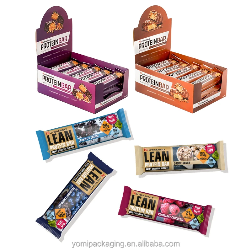 Biodegradable Custom design logo cardboard snack chocolate whey Protein Bar packaging counter display box