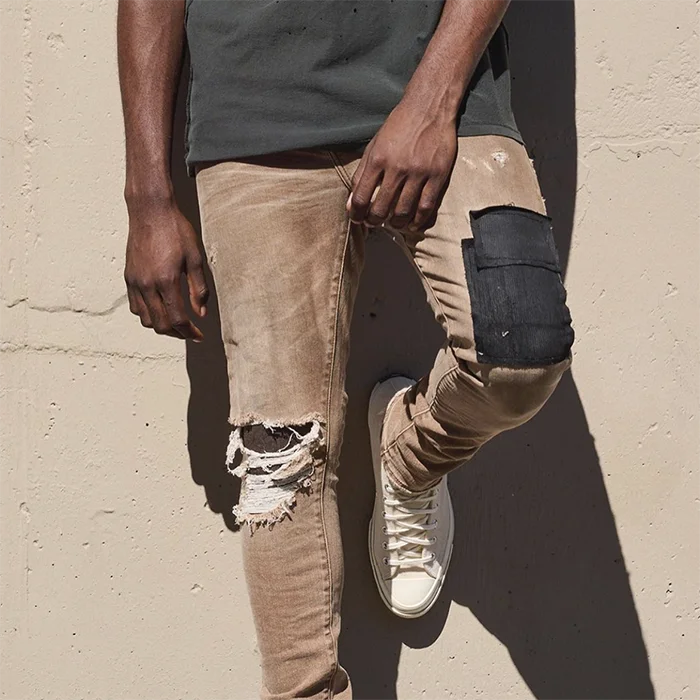 Khaki blue custom boys zig zag distress embroidery design denim jeans for men