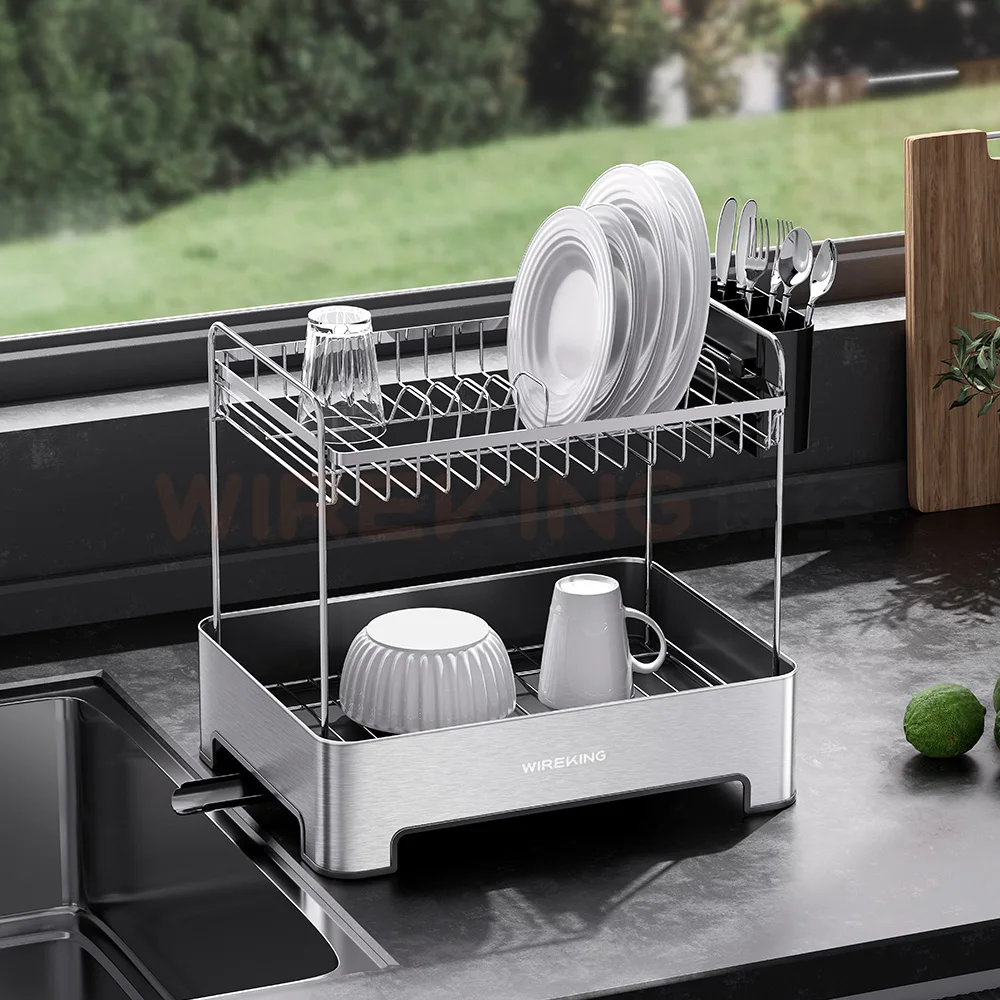 WIREKING double layer Kitchen Organizer Storage Shelf Units Sink plate dryer Rack Stainless Steel Dust Proof  Dish Drying Rack