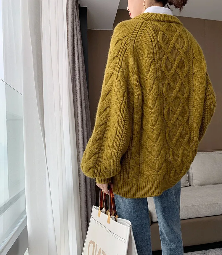 2022 Winter Autumn Chunky Knit Cable Loose Pullover Women Thick Knitted Sweater Knitwear