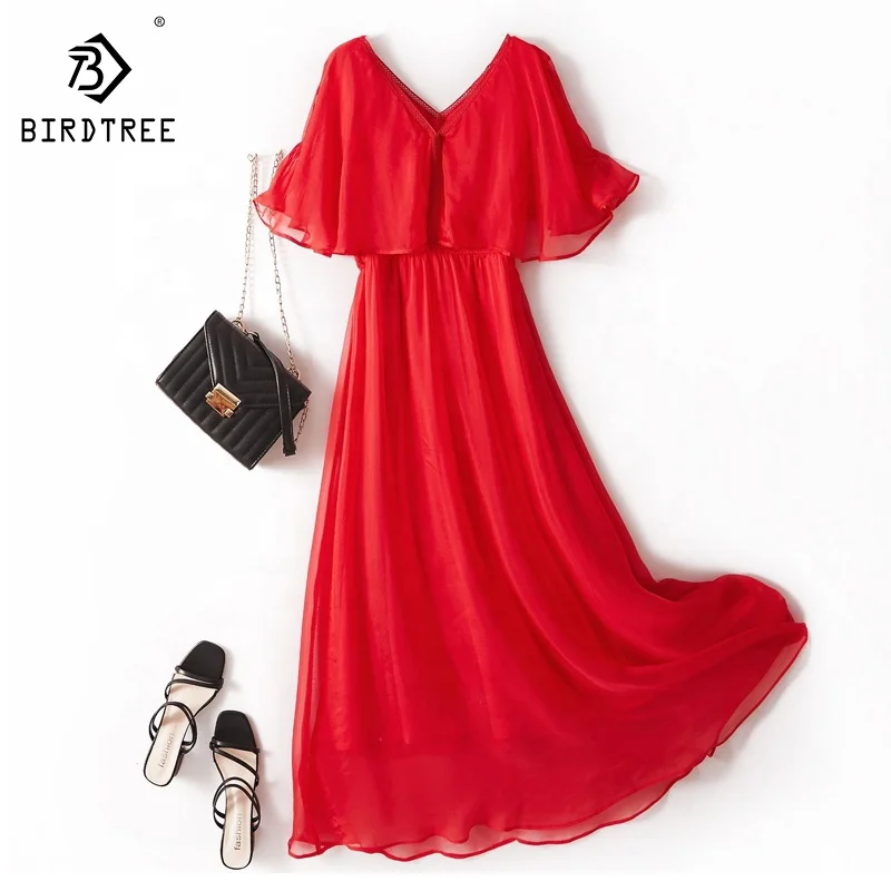 Wholesale100% Natural Mulberry Silk Dress Women 2023 Hollow Out Short Sleeve V Necks Solid Empire Beach Shawl Midi Dress D35209C