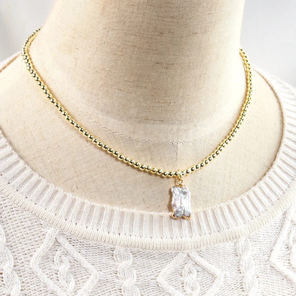 New Women Dainty  Golden Hematite Beads Chain Choker Necklace Irregular Real Freshwater Pearl Shell Charm Necklace