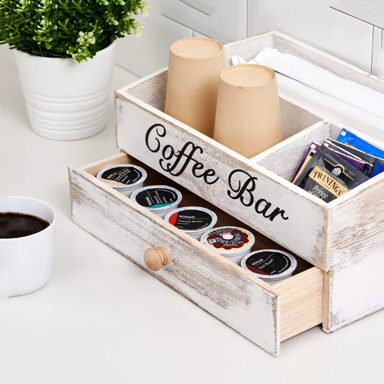 Пользовательский прямоугольный Креативный дизайн органайзер для кофейной станции с выдвижным ящиком и 4 отделениями