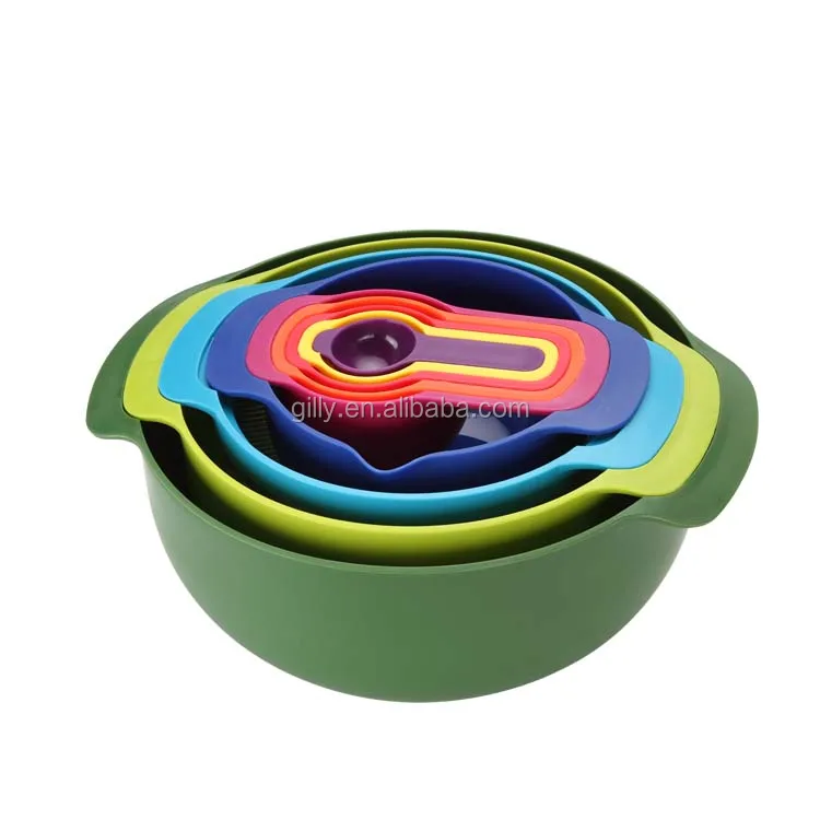 Kitchen use 9pcs compact food preparation set salad bowl set with measuring cups set colander stainless steel mesh sieve