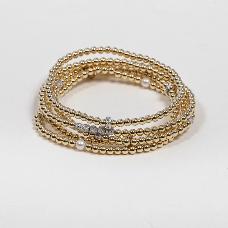 Stainless steel Customized Waterproof No Fade PVD Coating 3mm Gold Segment Bead Bracelet With Diamond Bars