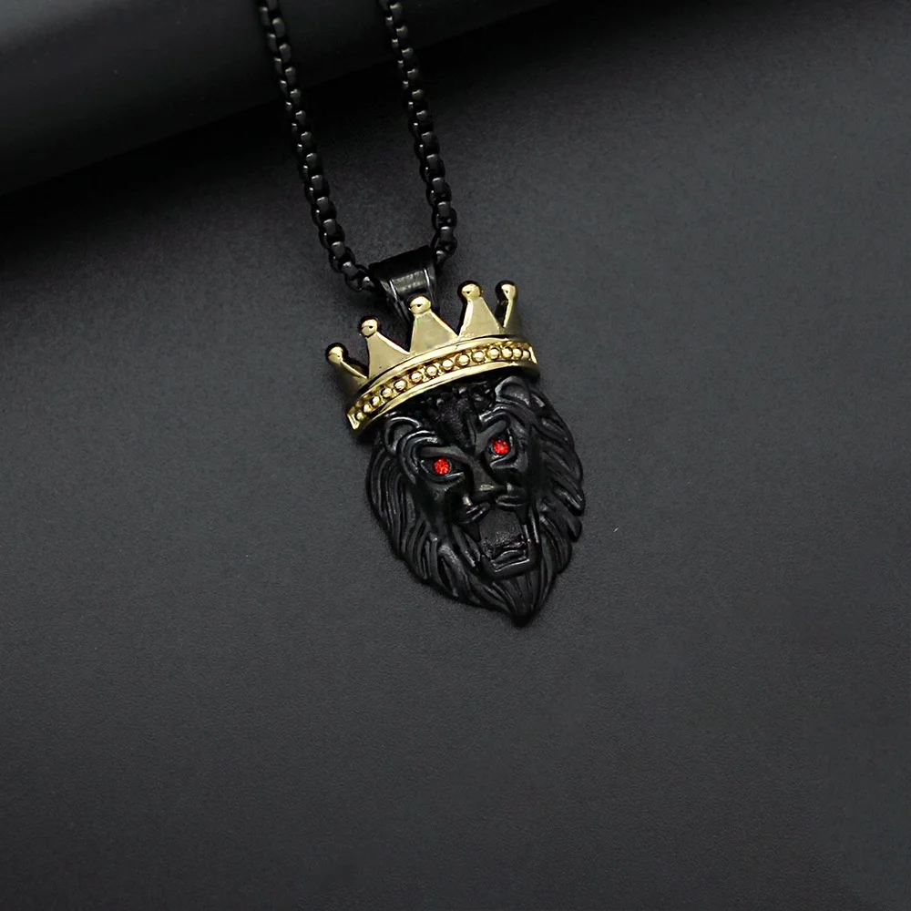 New Fashion Hip Hop Stainless Steel 18k Gold Crown Lion Head Pendant Men And Women Necklaces Spot Wholesale