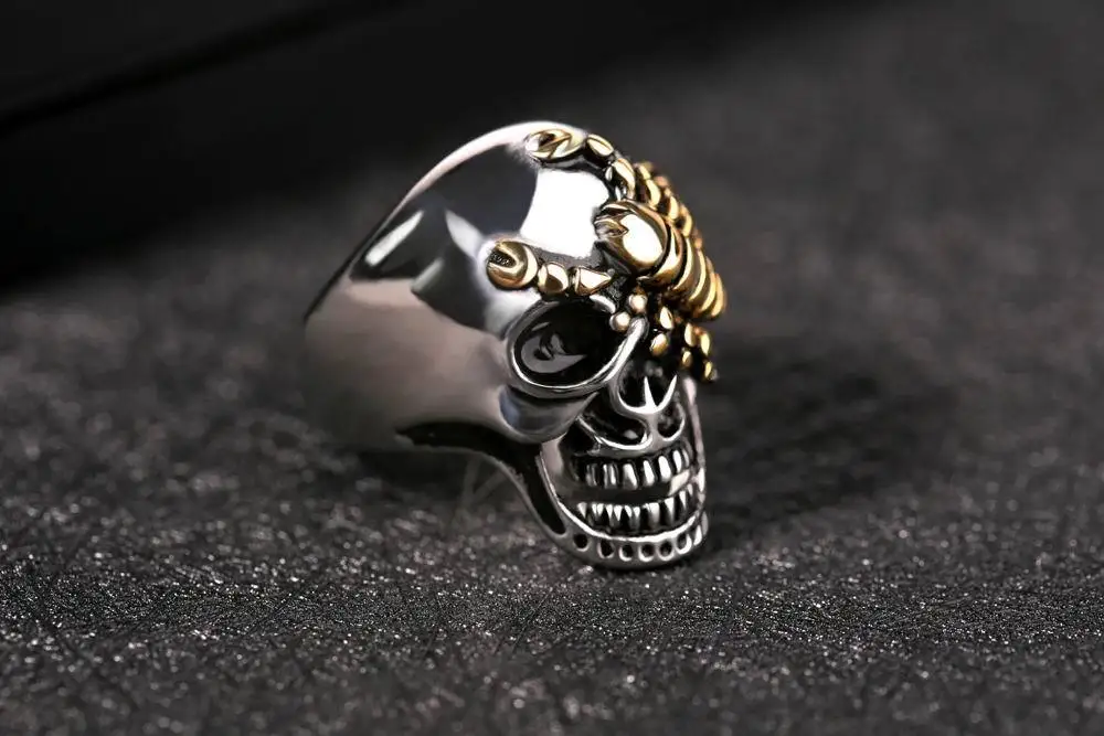 Punk fashion single ring jewelry retro domineering golden scorpion skull ring titanium steel male ring