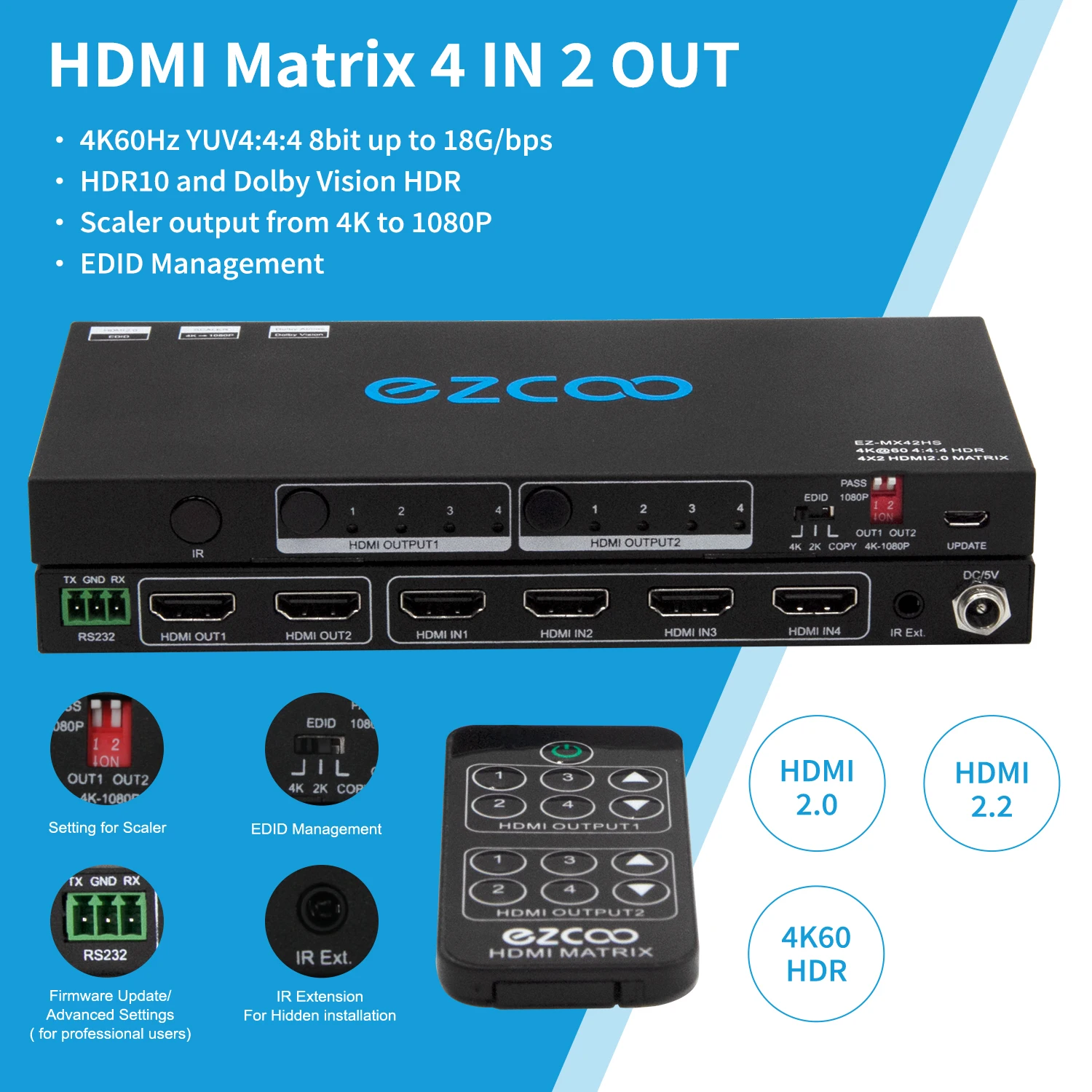 4K HD-MI Matrix Switch 4 In 2 Out with Audio Extractor CEC Down-scaler SPDIF Stereo Audio EDID Switch IR Remote Ext RS232