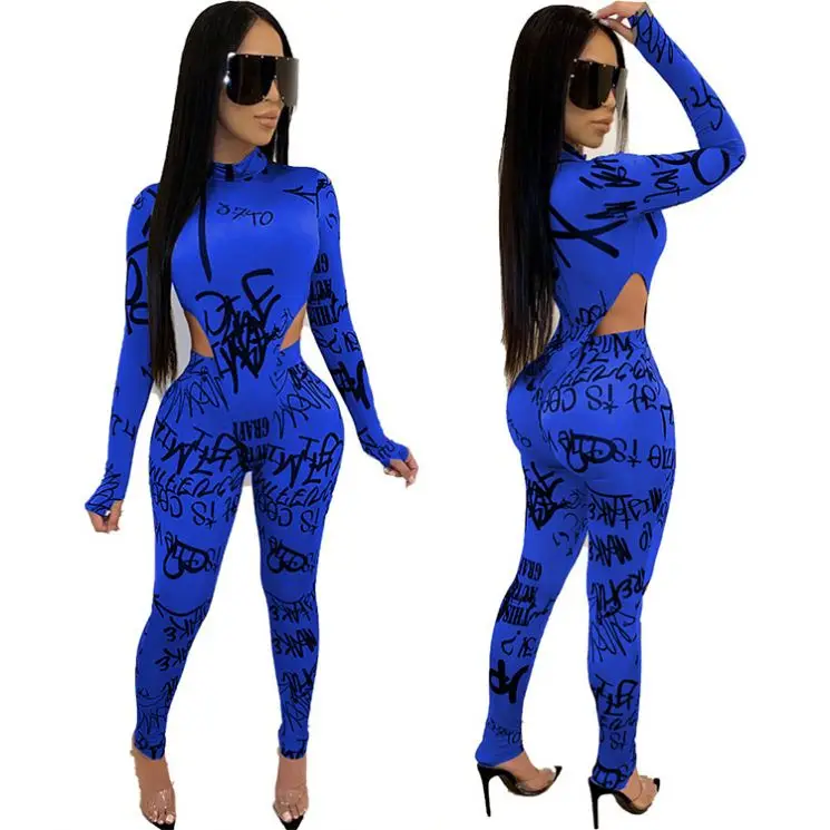 
11AF285 high quality letter print long sleeve bocysuit bodycon club two piece outfits set women clothing 