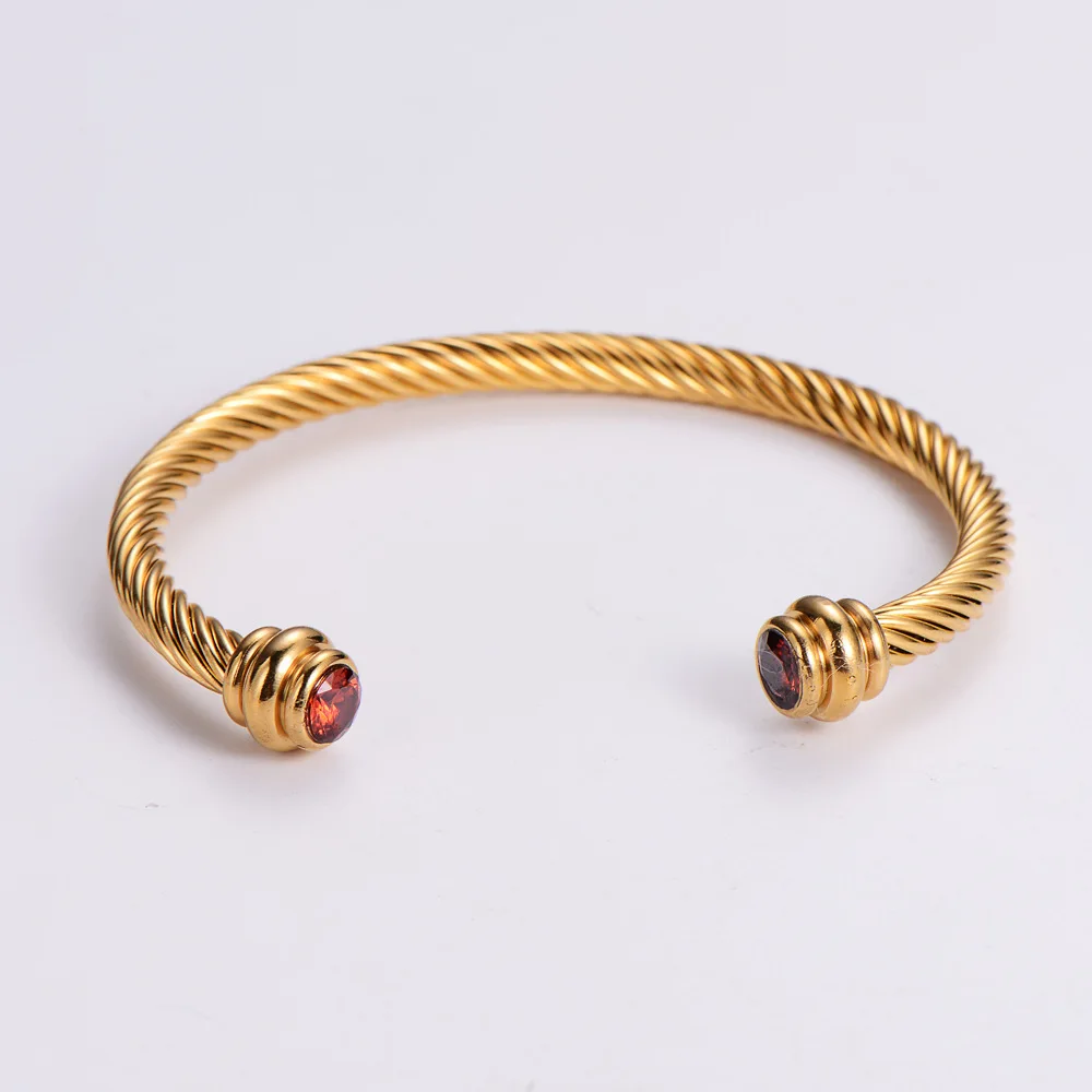 stainless steel gold plated zircon genuine gemstones twisted cable wire open cuff bangle bracelet