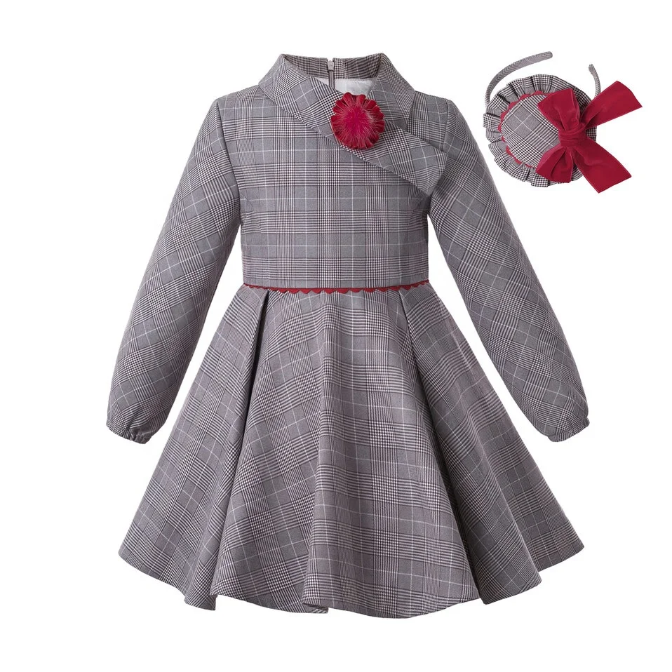 Pettigirl 2022 Autumn Gray Vintage Casual Christmas Baby Girls Dresses for Kids Birthday Plaid Childrens Clothes 345681012 Years