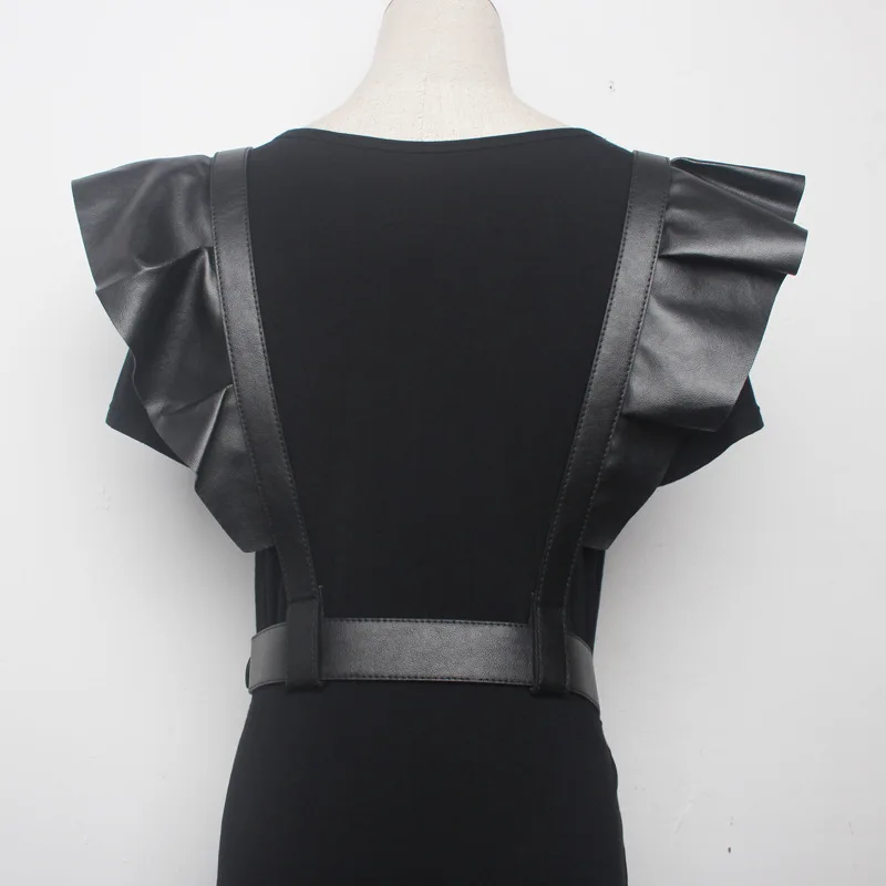 Hong Kong Style Black Lotus Leaf Lace PU Leather Double Shoulder Wide Party Suspenders Belts Female and Male