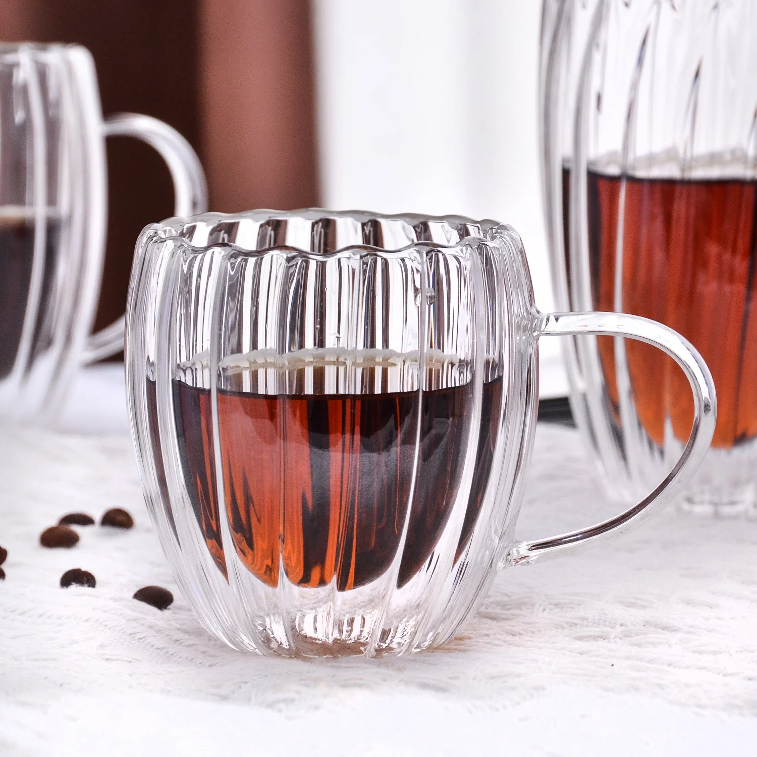 Оптовая продажа изготовленная на заказ ручная работа ребристая Изолированная двойная стенка стеклянная чашка эспрессо кофейная чайная кружка