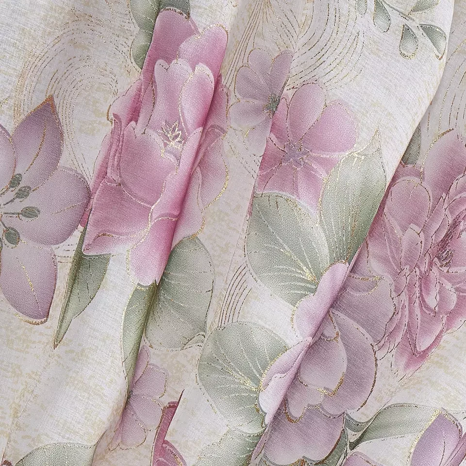 Hot selling modern luxury european gold printed window sheer livingroom curtains with valance beads attached