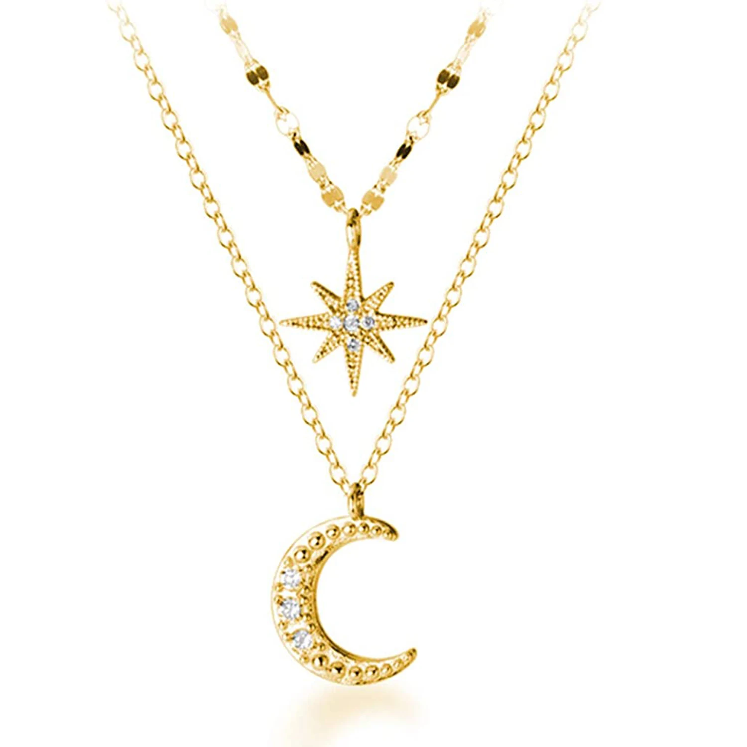 
fashion 925 sterling silver double layer chain necklace women jewelry crystal custom 18k gold plated moon star layered necklace 