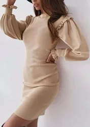 Solid color O neck draped ruffle skirt 2021 falbala frill career wear midi office dress lady plus size