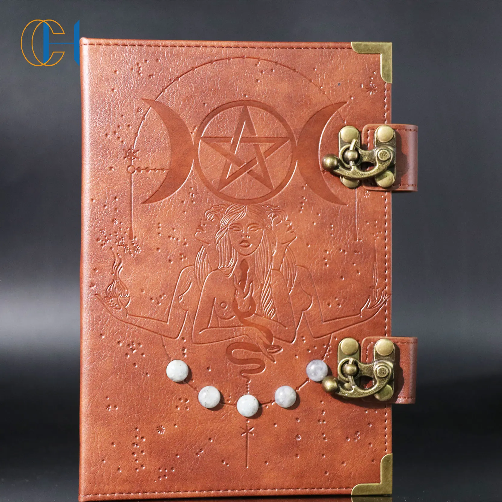 Leather notebook Handmade Brown Third Eye Stone Celtic Triple Moon Embossed Gemstones Vintage Daily Notepad Sketchbook Journal