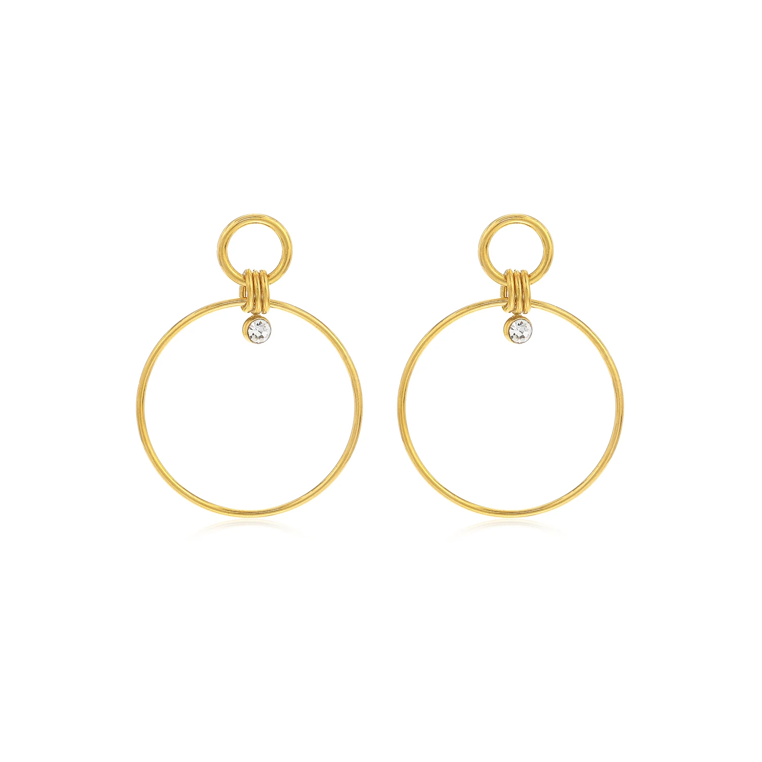 Factory Customized Stainless Steel 18K Gold Plated Simple Zircon Three Rings Pendant Hoop Large Earrings