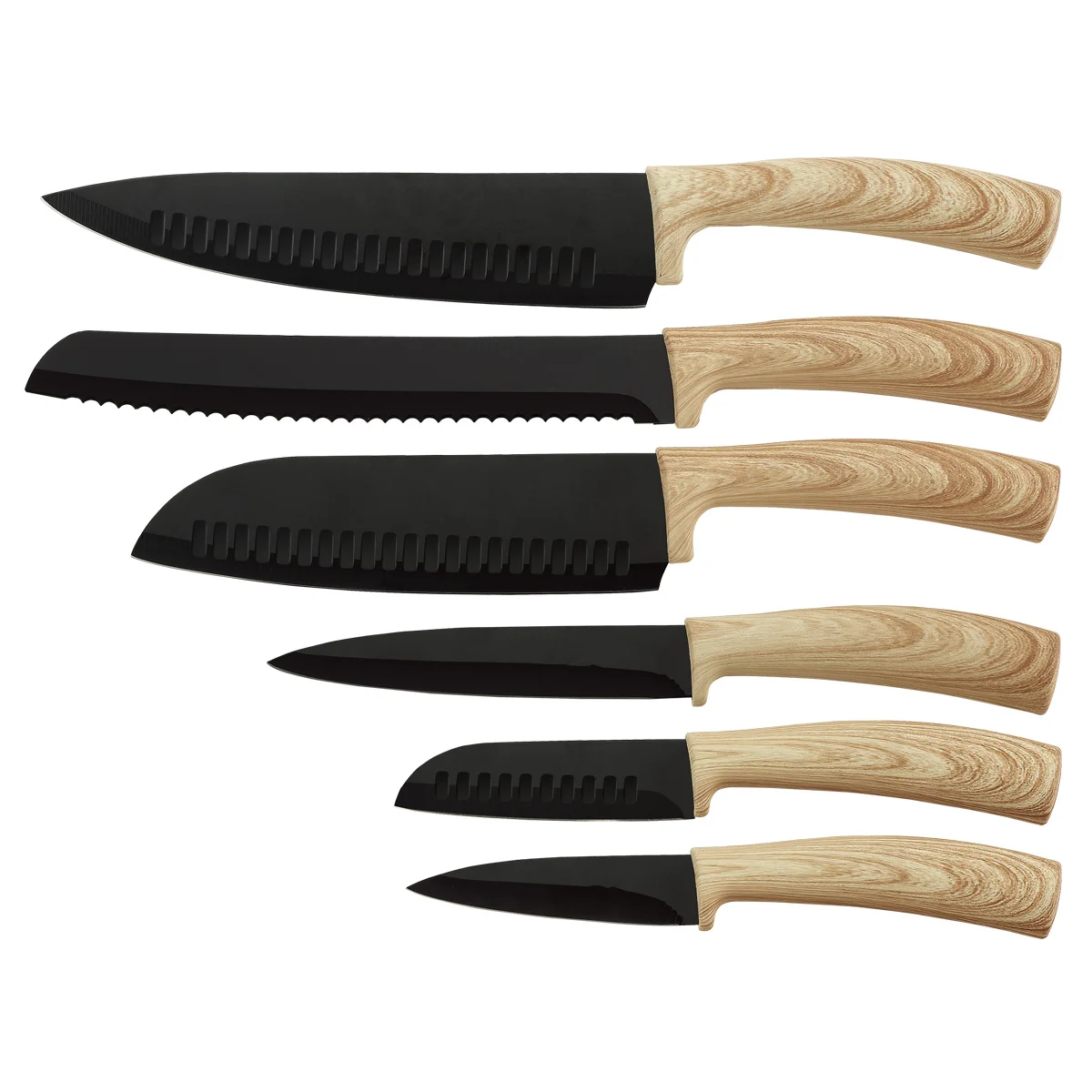 
Professional Black And Wood-like TPR Handle Copper Coating Kitchen Knife Set 