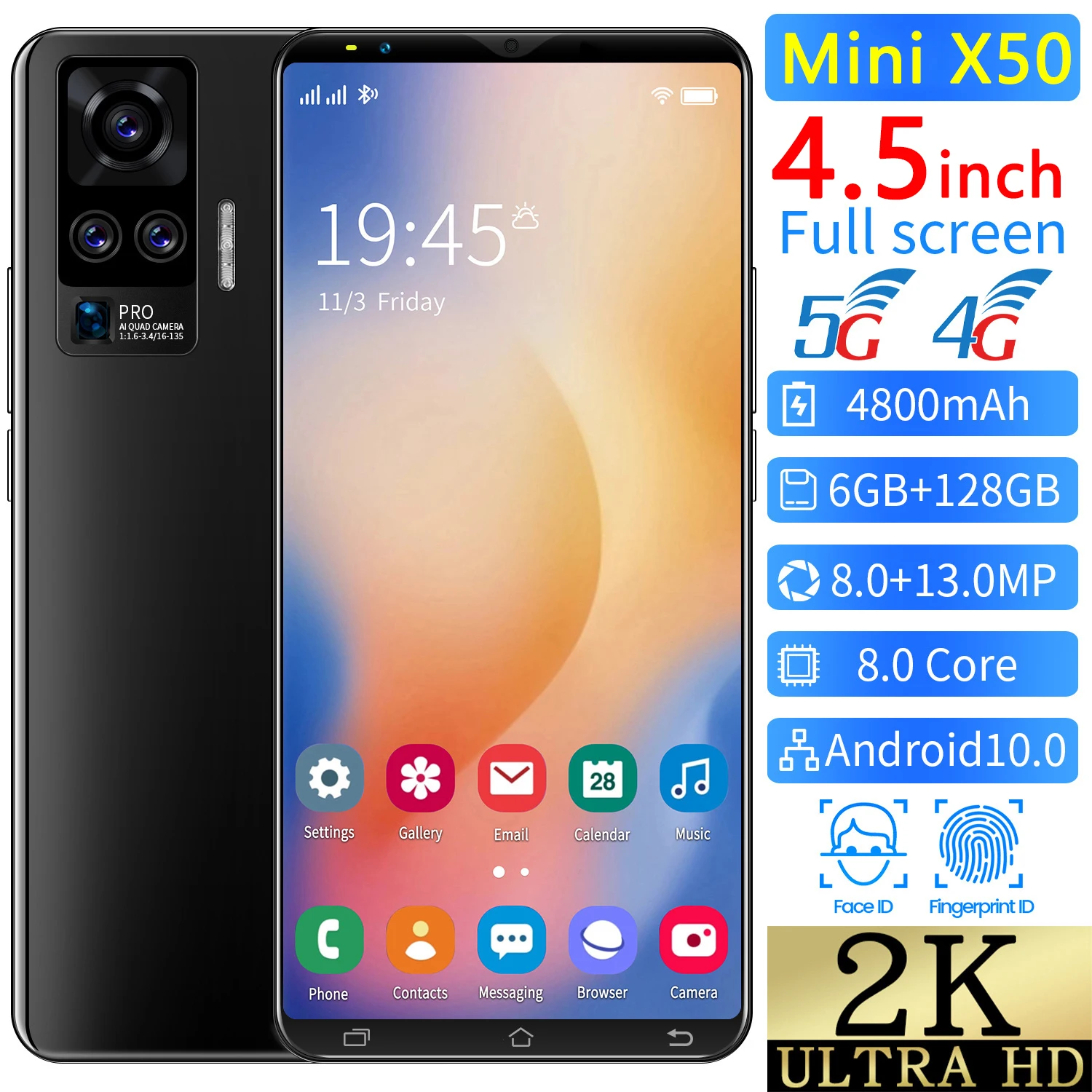 Лидер продаж мобильный телефон MINI X50 4 5 дюйма 6 ГБ + 128 Гб оригинальный полноэкранный Android 10 0 Восьмиядерный 4G 5G смартфон