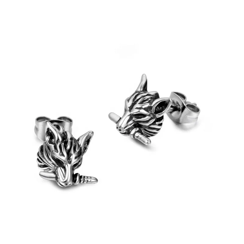 Antique 316L Stainless Steel Animal Wolf Sword Punk Gothic Earring for Men