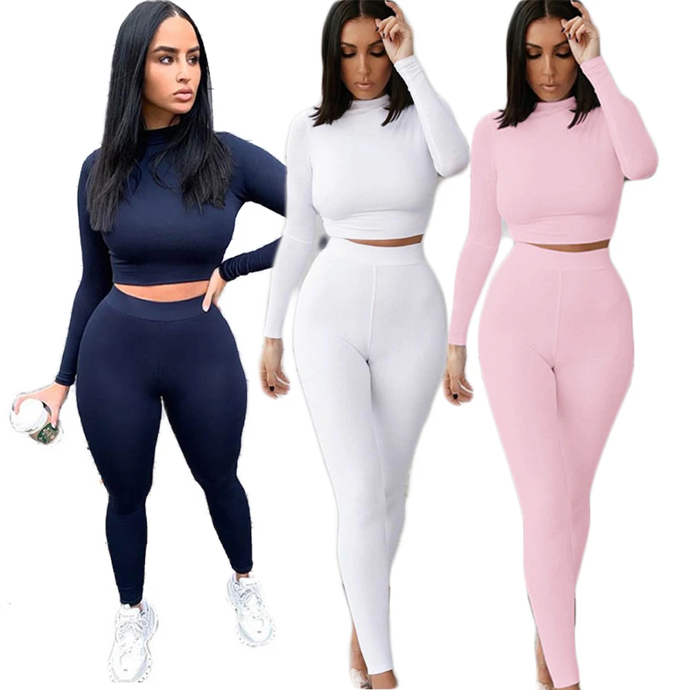 Wholesale Fall 2021 Women Clothes Two Piece Sets Solid Color Slim Long Sleeve Crop Top Jogger Set Outfits For Women Clothing